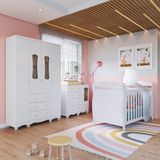 Quarto De Bebê Com Guarda-roupas 4 Portas Cômoda Com Janelas E Berço 100% Mdf Aurora Espresso Móveis Branco Brilho