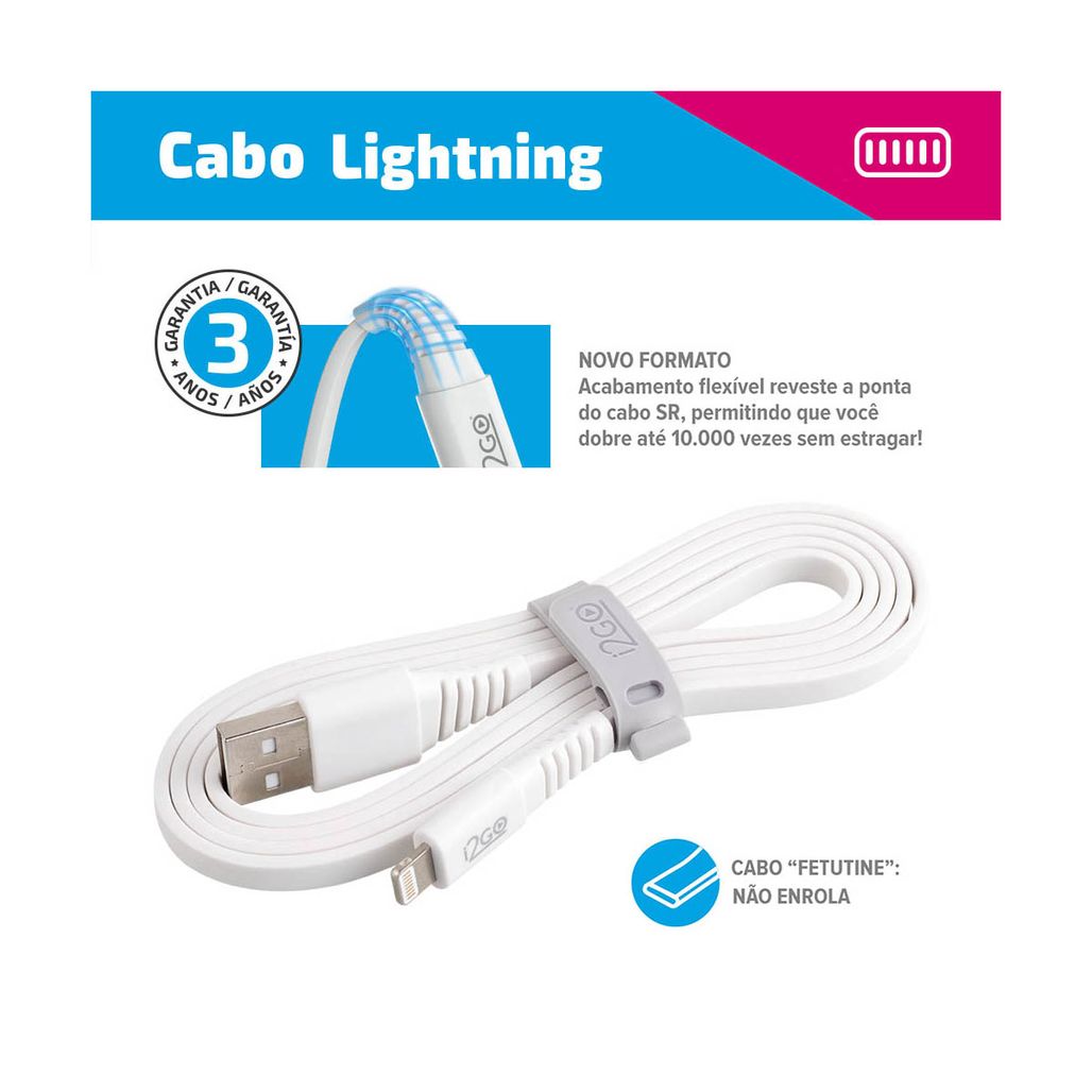 Zé Delivery - Cabo Iphone/Lightning I2GO Certificado 1,2m 2,4A PVC  Flexível Flat Preto