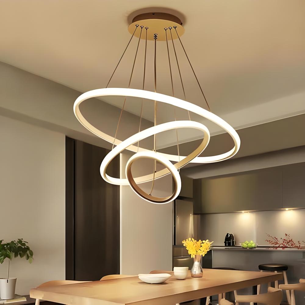 Lustre Pendente 3 Arcos Anéis Orbital Dourado Moderno 89w Bivolt