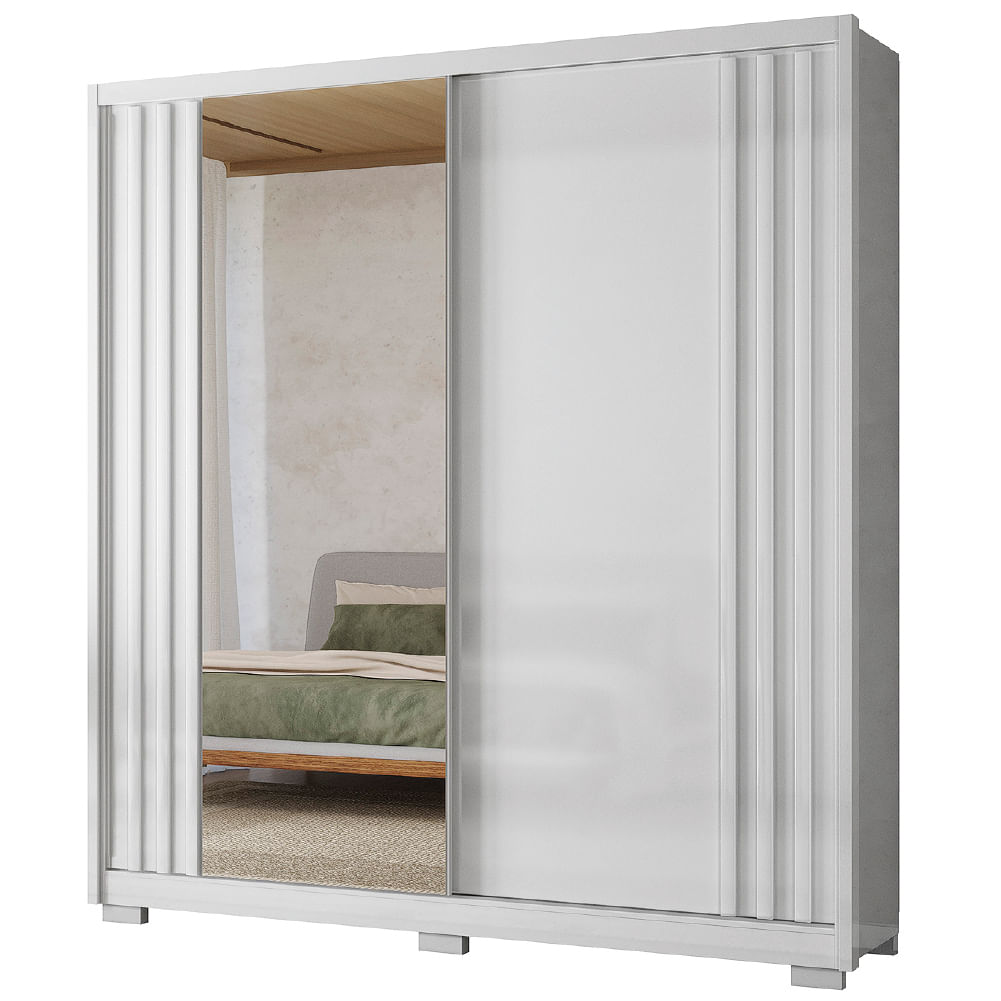 Guarda Roupas Casal Com Espelho Ripado 2 Portas De Correr 3 Gavetas Branco Colorado Moval