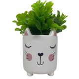 Mini cachepot gatinho de cerâmica com planta artificial