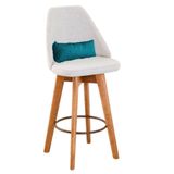 Banqueta Alta Maya Giratória Com Encosto Gourmet Linho Bege E Almofada Sintético Azul Turquesa - Aurora Line