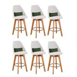 Kit 06 Banquetas Alta Maya Giratória Com Encosto Linho Bege Claro E Almofada Suede Verde Musgo - Aurora Line