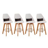 Kit 04 Banquetas Alta Maya Giratória Com Encosto Linho Bege Claro E Almofada Suede Marrom - Aurora Line