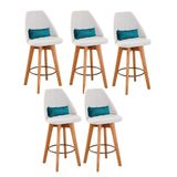 Kit 05 Banquetas Alta Maya Giratória Com Encosto Gourmet Linho Bege E Almofada Sintético Azul Turquesa - Aurora Line