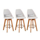 Kit 03 Banquetas Alta Maya Giratória Com Encosto Linho Bege Claro E Almofada Sintético Branco - Aurora Line