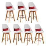 Kit 07 Banquetas Alta Maya Giratória Com Encosto Gourmet Linho Bege E Almofada Suede Vermelho - Aurora Line