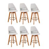 Kit 06 Banquetas Alta Maya Giratória Com Encosto Linho Bege Claro E Almofada Sintético Branco - Aurora Line
