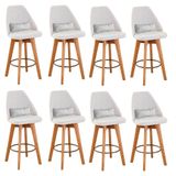 Kit 08 Banquetas Alta Maya Giratória Com Encosto Gourmet Linho Bege E Almofada Suede Branco - Aurora Line
