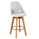 Banqueta Alta Maya Giratória Com Encosto Gourmet Linho Bege E Almofada Sintético Branco - Aurora Line