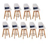 Kit 09 Banquetas Alta Maya Giratória Com Encosto Gourmet Linho Bege E Almofada Suede Azul Marinho - Aurora Line