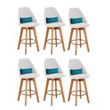 Kit 06 Banquetas Alta Maya Giratória Com Encosto Gourmet Linho Bege E Almofada Sintético Azul Turquesa - Aurora Line