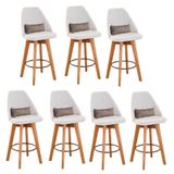 Kit 07 Banquetas Alta Maya Giratória Com Encosto Gourmet Linho Bege E Almofada Suede Bege - Aurora Line