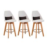Kit 03 Banquetas Alta Maya Giratória Com Encosto Gourmet Linho Bege E Almofada Suede Marrom - Aurora Line