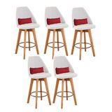Kit 05 Banquetas Alta Maya Giratória Com Encosto Gourmet Linho Bege E Almofada Suede Vermelho - Aurora Line