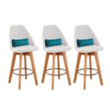 Kit 03 Banquetas Alta Maya Giratória Com Encosto Linho Bege Claro E Almofada Suede Azul Turquesa - Aurora Line
