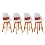 Kit 04 Banquetas Alta Maya Giratória Com Encosto Gourmet Linho Bege E Almofada Sintético Vermelho - Aurora Line