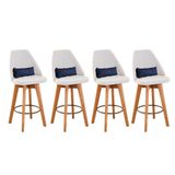 Kit 04 Banquetas Alta Maya Giratória Com Encosto Gourmet Linho Bege E Almofada Suede Azul Marinho - Aurora Line