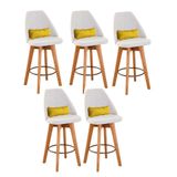 Kit 05 Banquetas Alta Maya Giratória Com Encosto Gourmet Linho Bege E Almofada Suede Amarelo - Aurora Line
