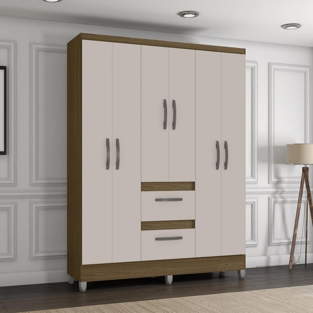 Guarda Roupa Solteiro Com Pés 6 Portas 2 Gavetas Capri Poquema
