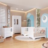 Quarto De Bebê Com 2 Berço Mini Cama Guarda Roupa 3 Porta 2 Gavetas E Cômoda 1 Portas 3 Gavetas Com Janela Popy Retrô Peroba