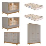 Quarto Bebê Gêmeos Com 2 Berços Mini Cama Cômoda E Guarda Roupa Liza E 2 Colchões Gazin Permobili