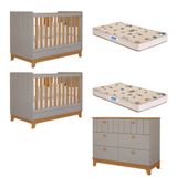Quarto Bebê Gêmeos Berço Mini Cama Cômoda 6 Gavetas Liza E 2 Colchões Gazin Permobili