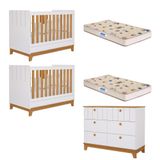 Quarto Bebê Gêmeos Berço Mini Cama Cômoda 6 Gavetas Liza E 2 Colchões Gazin Permobili
