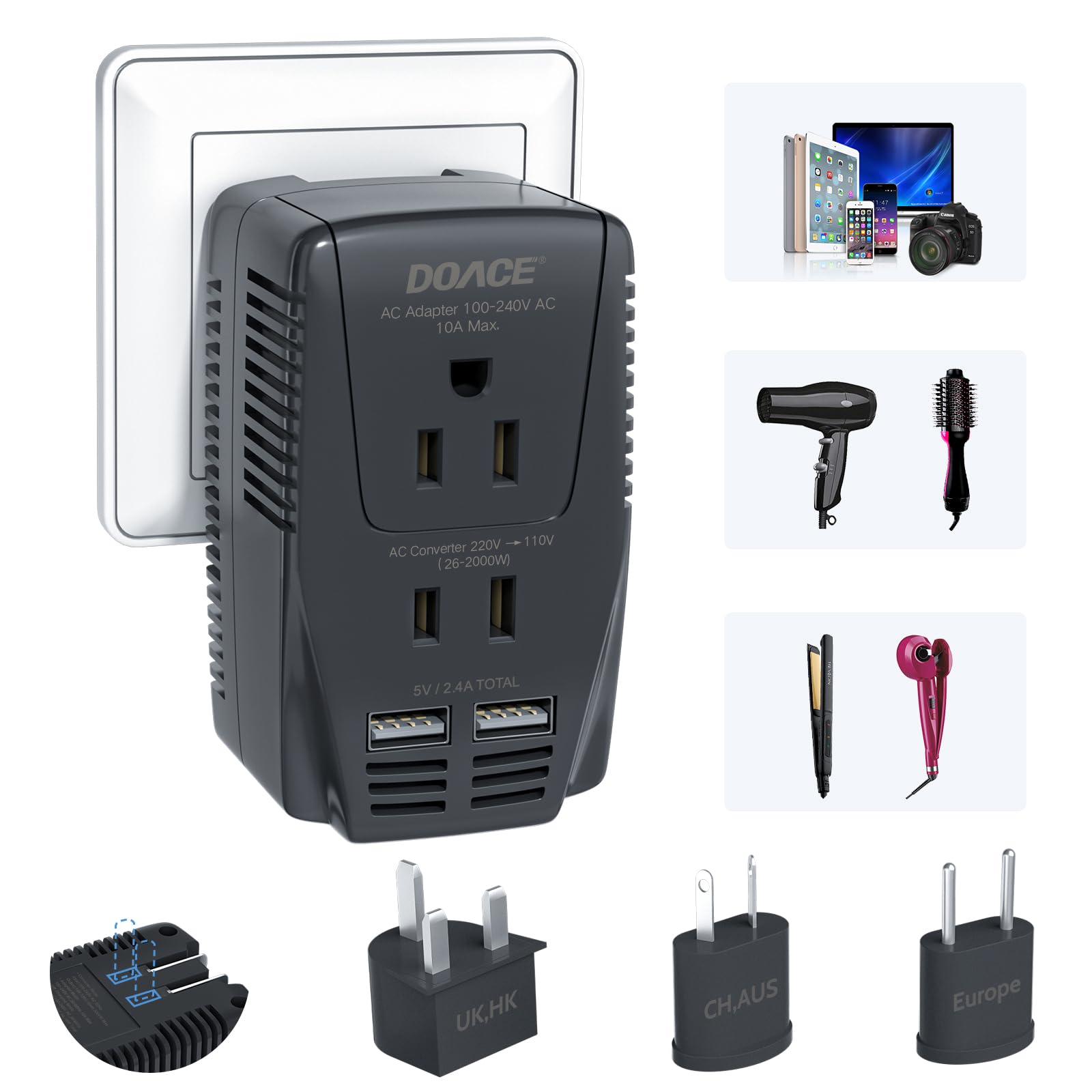 Conversor De Tensão Doace 2000w 220v A 110v Para Secador De Cabelo