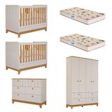Quarto Bebê Gêmeos Com 2 Berços Mini Cama Cômoda E Guarda Roupa Liza E 2 Colchões Gazin Permobili