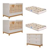 Quarto Bebê Gêmeos Berço Mini Cama Cômoda 6 Gavetas Liza E 2 Colchões Gazin Permobili