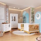 Quarto De Bebê Com 2 Berço Mini Cama Guarda Roupa 3 Porta 2 Gavetas E Cômoda 1 Portas 3 Gavetas Com Janela Popy Retrô Peroba