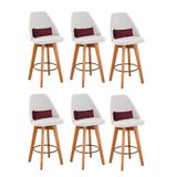Kit 06 Banquetas Alta Maya Giratória Com Encosto Gourmet Linho Bege E Almofada Suede Bordô - Aurora Line