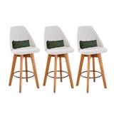 Kit 03 Banquetas Alta Maya Giratória Com Encosto Linho Bege Claro E Almofada Suede Verde Musgo - Aurora Line
