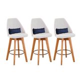 Kit 03 Banquetas Alta Maya Giratória Com Encosto Linho Bege Claro E Almofada Suede Azul Marinho - Aurora Line