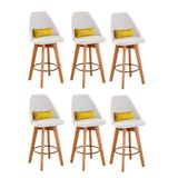 Kit 06 Banquetas Alta Maya Giratória Com Encosto Linho Bege Claro E Almofada Sintético Amarelo - Aurora Line