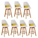 Kit 07 Banquetas Alta Maya Giratória Com Encosto Gourmet Linho Bege E Almofada Suede Amarelo - Aurora Line