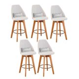 Kit 05 Banquetas Alta Maya Giratória Com Encosto Gourmet Linho Bege E Almofada Sintético Branco - Aurora Line