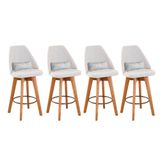 Kit 04 Banquetas Alta Maya Giratória Com Encosto Gourmet Linho Bege E Almofada Sintético Branco - Aurora Line