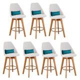 Kit 07 Banquetas Alta Maya Giratória Com Encosto Gourmet Linho Bege E Almofada Suede Azul Turquesa - Aurora Line