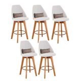 Kit 05 Banquetas Alta Maya Giratória Com Encosto Gourmet Linho Bege E Almofada Suede Bege - Aurora Line