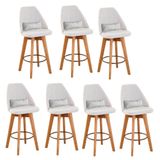 Kit 07 Banquetas Alta Maya Giratória Com Encosto Gourmet Linho Bege E Almofada Suede Branco - Aurora Line