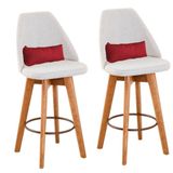 Kit 02 Banquetas Alta Maya Giratória Com Encosto Gourmet Linho Bege E Almofada Vermelho - Aurora Line