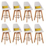 Kit 08 Banquetas Alta Maya Giratória Com Encosto Linho Bege Claro E Almofada Sintético Amarelo - Aurora Line