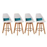 Kit 04 Banquetas Alta Maya Giratória Com Encosto Linho Bege Claro E Almofada Suede Azul Turquesa - Aurora Line