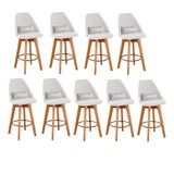 Kit 09 Banquetas Alta Maya Giratória Com Encosto Gourmet Linho Bege E Almofada Suede Branco - Aurora Line