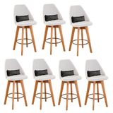 Kit 07 Banquetas Alta Maya Giratória Com Encosto Gourmet Linho Bege E Almofada Suede Cinza - Aurora Line
