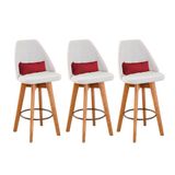 Kit 03 Banquetas Alta Maya Giratória Com Encosto Linho Bege Claro E Almofada Suede Vermelho - Aurora Line