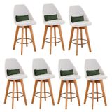 Kit 07 Banquetas Alta Maya Giratória Com Encosto Gourmet Linho Bege E Almofada Suede Verde Musgo - Aurora Line