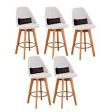 Kit 05 Banquetas Alta Maya Giratória Com Encosto Gourmet Linho Bege E Almofada Suede Marrom - Aurora Line